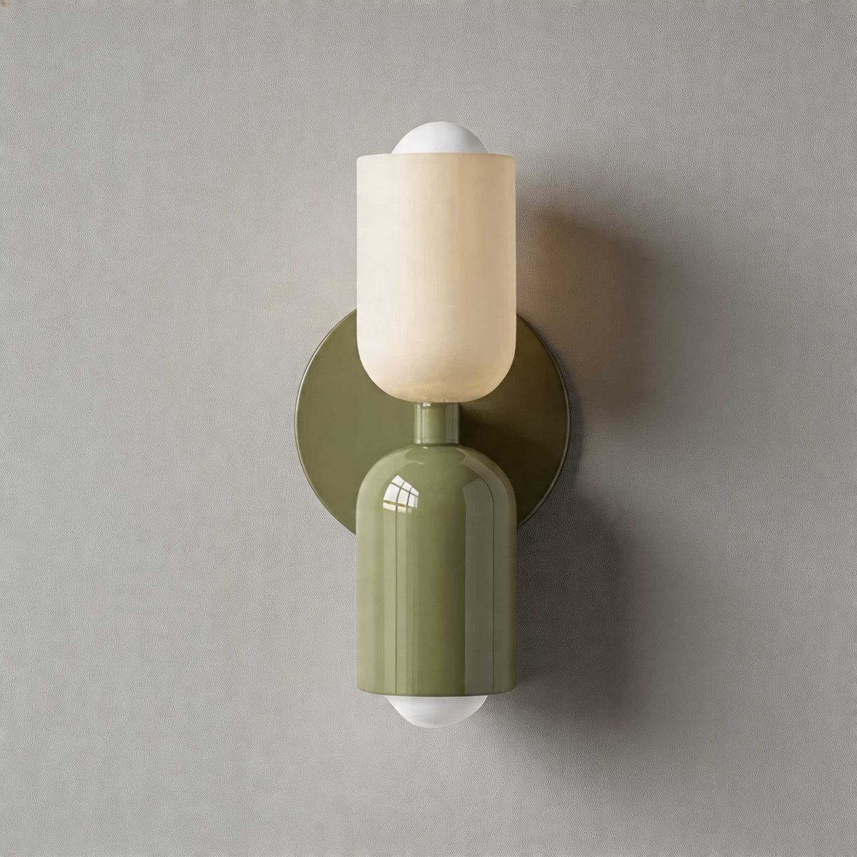 Vic Nordic up down wall sconce with a green wall plate, white upper shade and green lower shade