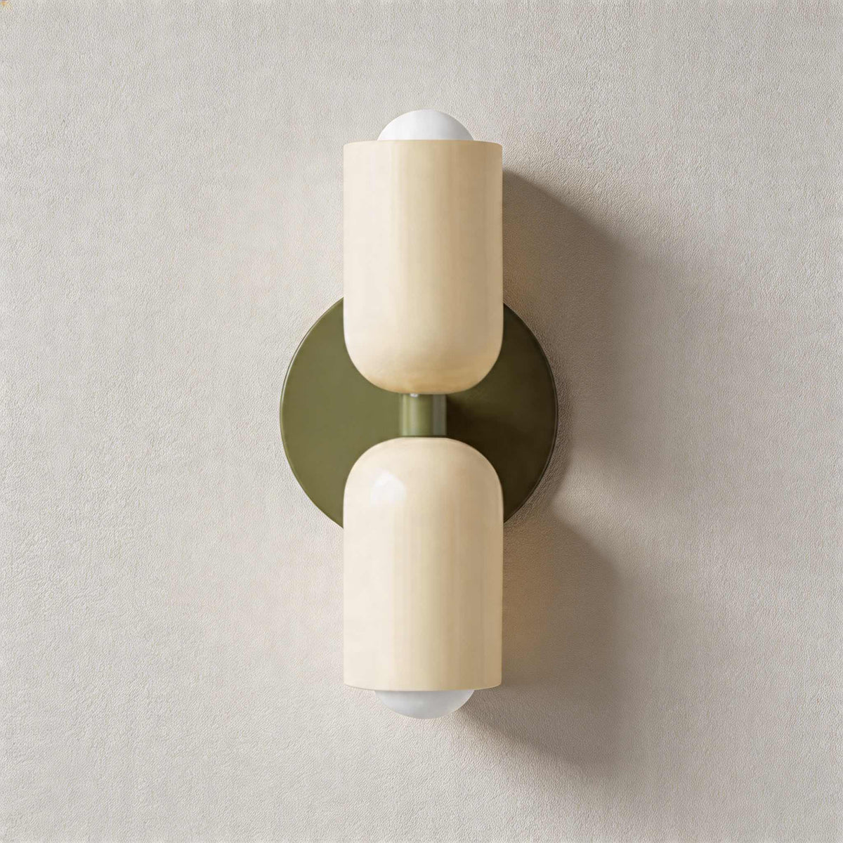 Vic Nordic up down wall sconce with a green wall plate and two white painted iron shades