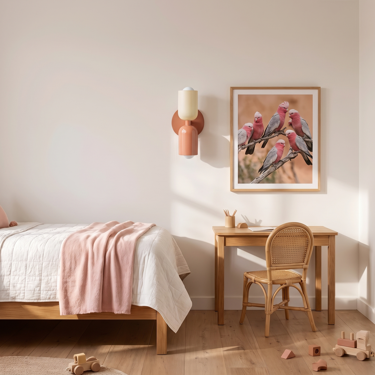 Vic wall sconce with pink base and white and pink shades above a kids desk