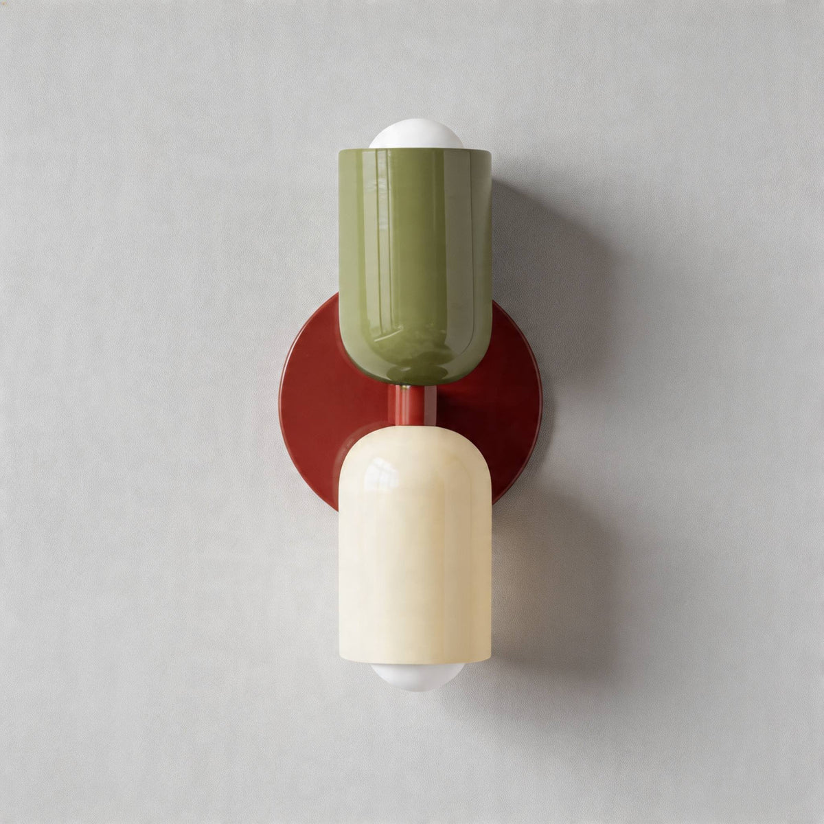 Vic Nordic up down wall sconce with a red wall plate, green upper shade and white lower shade