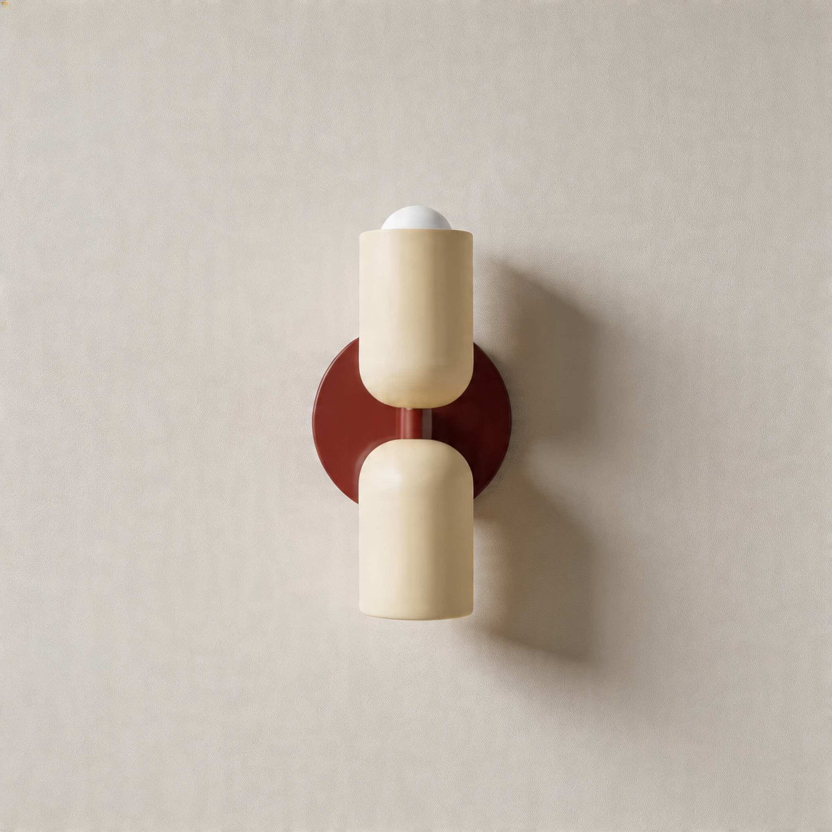 Vic Nordic up down wall sconce with a red wall plate and two white painted iron shades