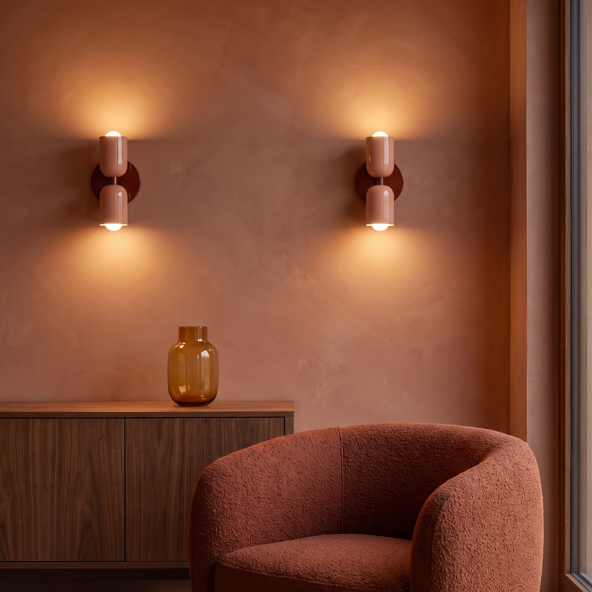 Pair of Vic wall sconces with red base and pink shades on a terracotta living room wall