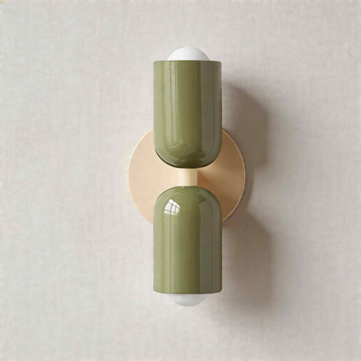 Vic Nordic up down wall sconce with a white wall plate and two green painted iron shades