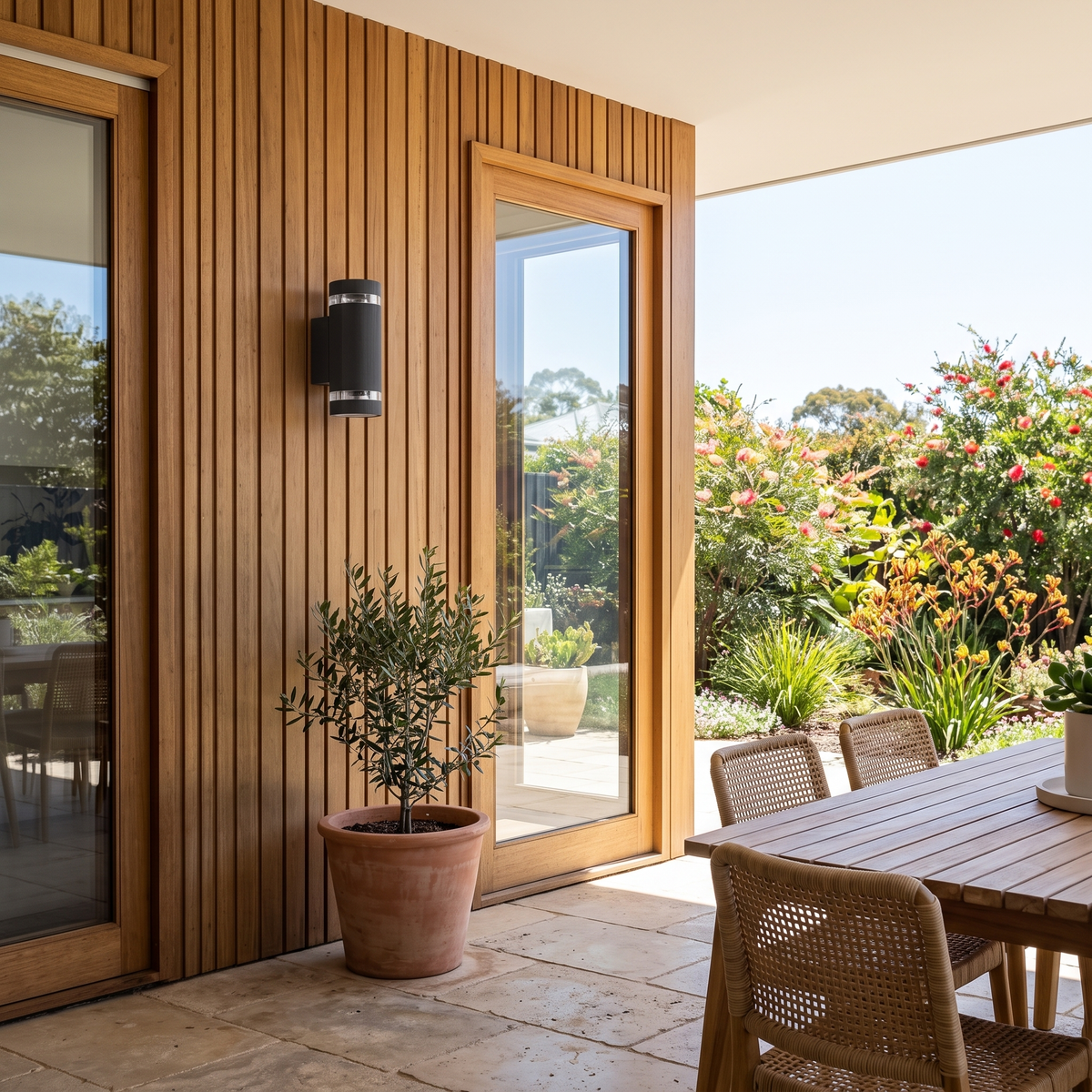 Visage up down wall light on blackbutt cladding in a covered alfresco with timber dining table