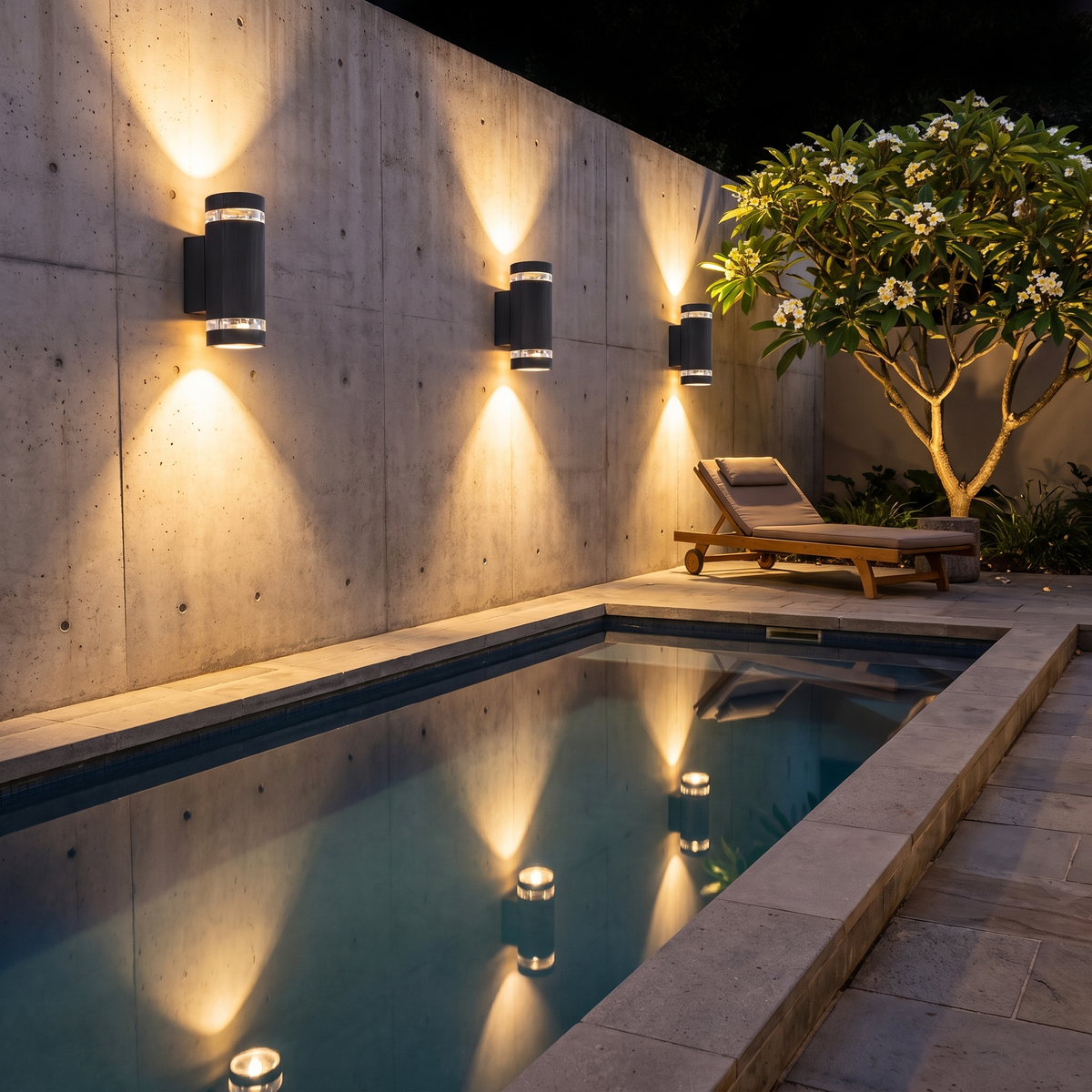Three Visage up down wall lights on a board-formed concrete wall beside a plunge pool at night