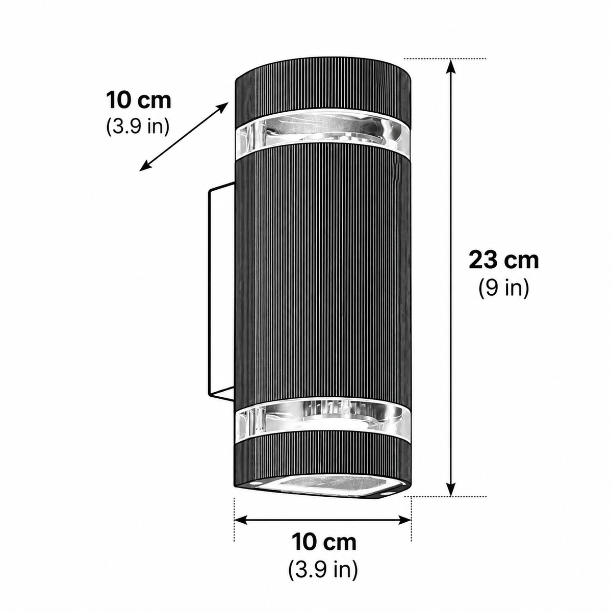 Visage up down wall light dimensions, 23cm (9.1in) tall, 10cm (3.9in) wide and 10cm (3.9in) deep