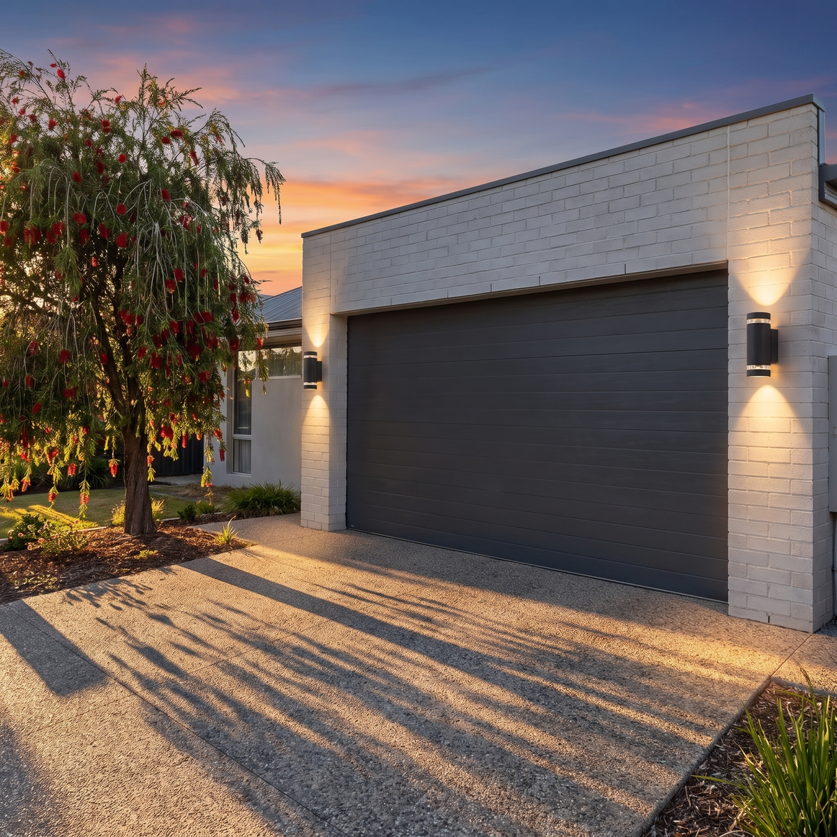 Two Visage up down wall lights beside a charcoal garage door on bagged brick at golden hour