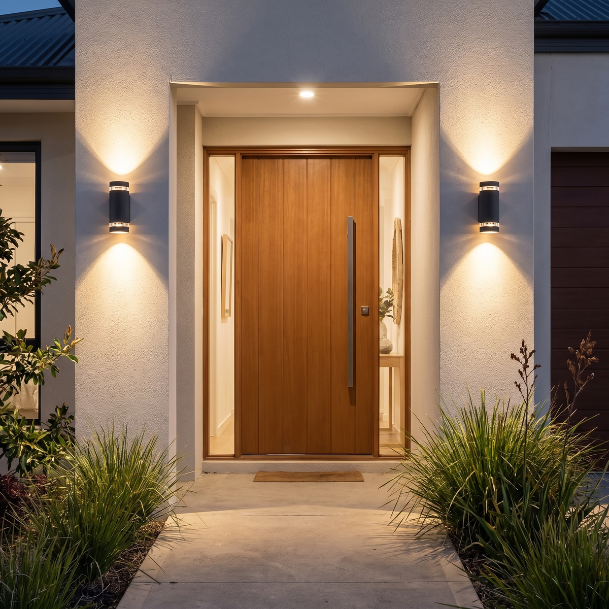 Two Visage up down wall lights either side of a timber pivot front door on a rendered home at dusk