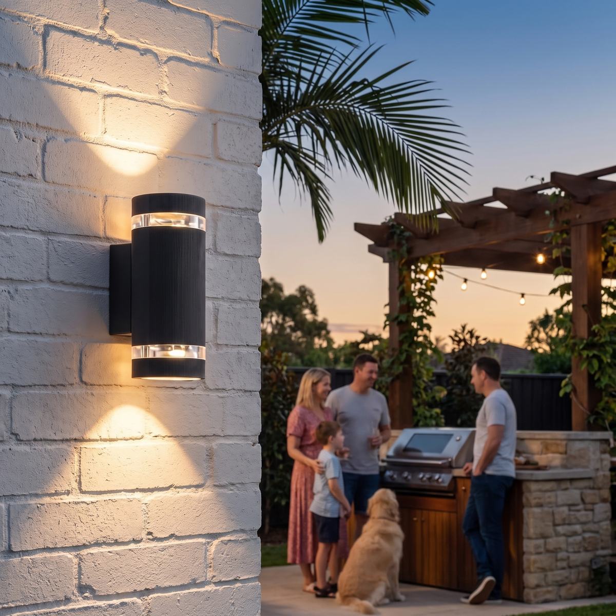 Visage up down wall light on a white brick alfresco wall above an outdoor kitchen at dusk