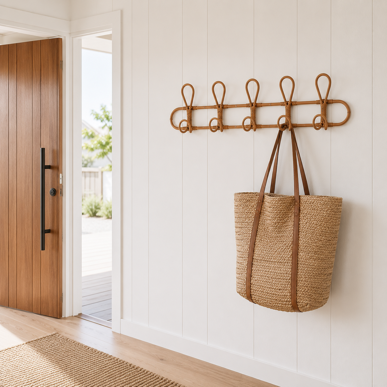 Close-up of the natural rattan weave on the Warroo Rattan Wall Hooks