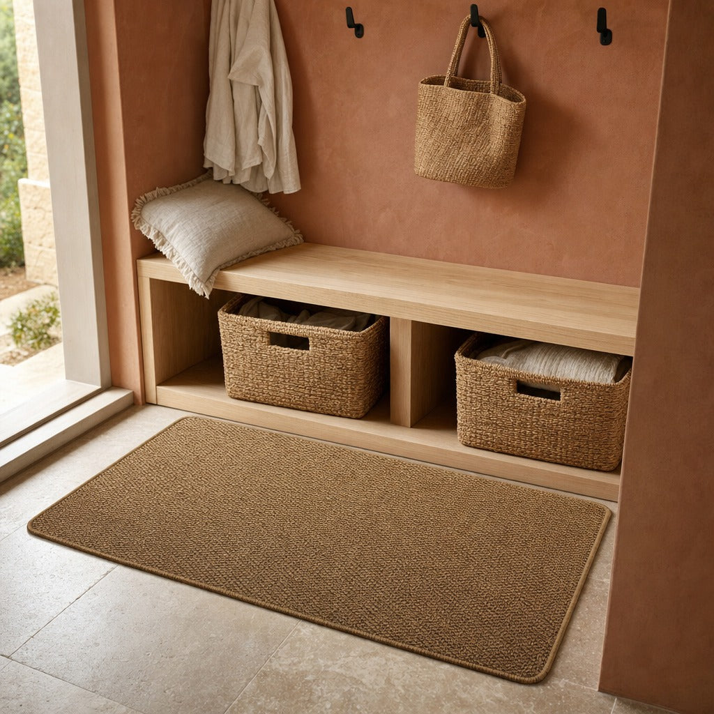 A rectangular natural jute entryway rug in a warm tan-brown color, styled on a light stone tile floor in front of a wooden bench with woven storage baskets, a pillow, and a hanging woven tote against a terracotta-colored wall.
