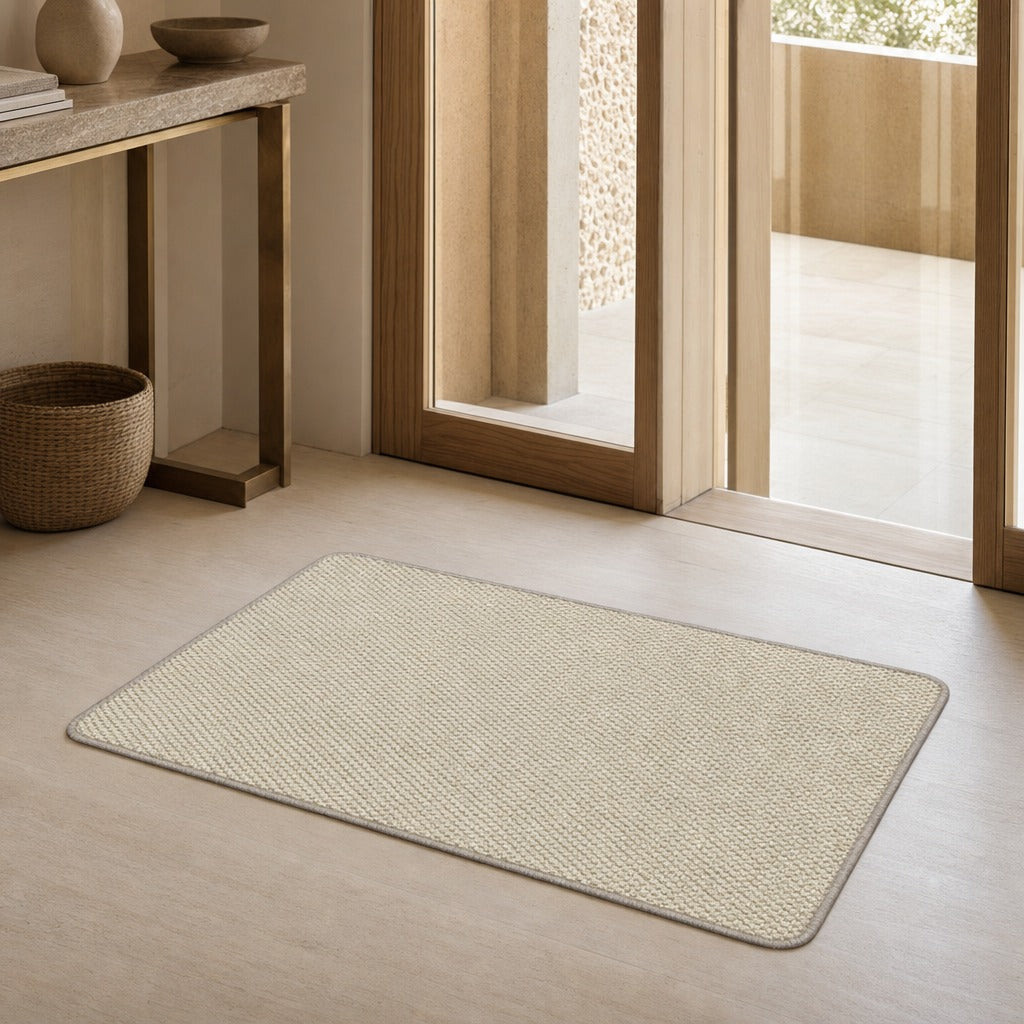A rectangular woven entryway rug in a light beige tone, shown on a light wood floor in a modern interior setting with a console table and glass doors.