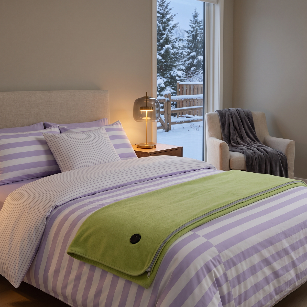 Noosa striped bedding with a Cocoon heated blanket, Torren velvet throw and Aura stained glass lamp in a winter bedroom