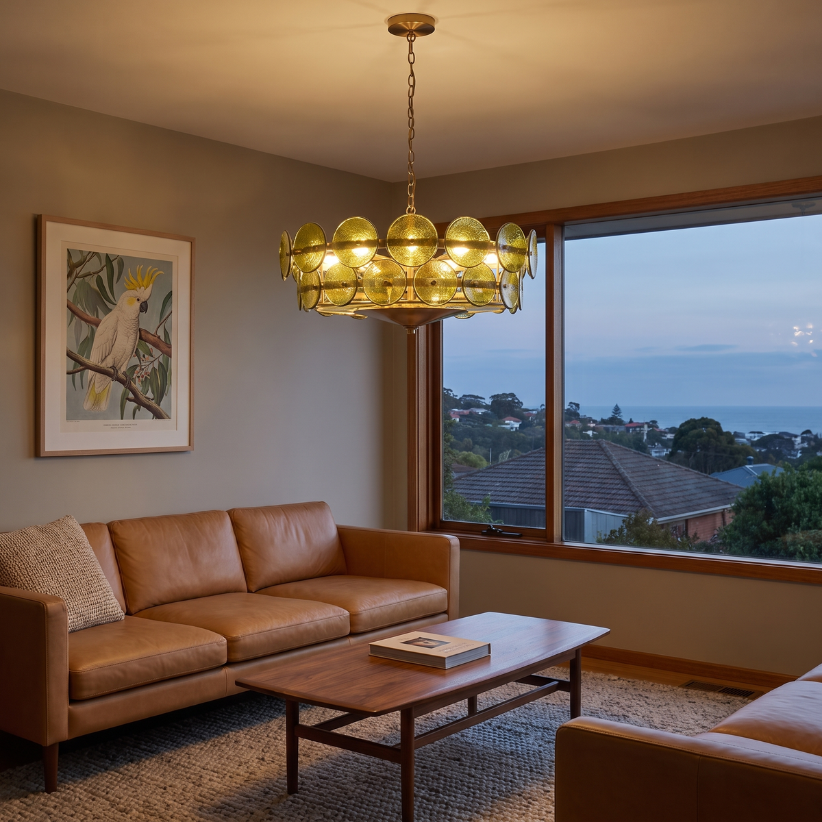 Yarra Retro Glass Chandelier in green lit in a mid-century living room with an ocean view at dusk