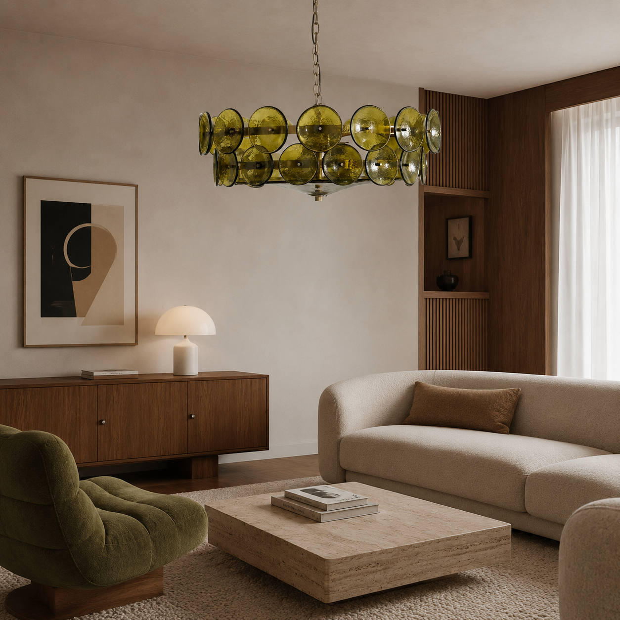 Yarra Retro Glass Chandelier illuminated