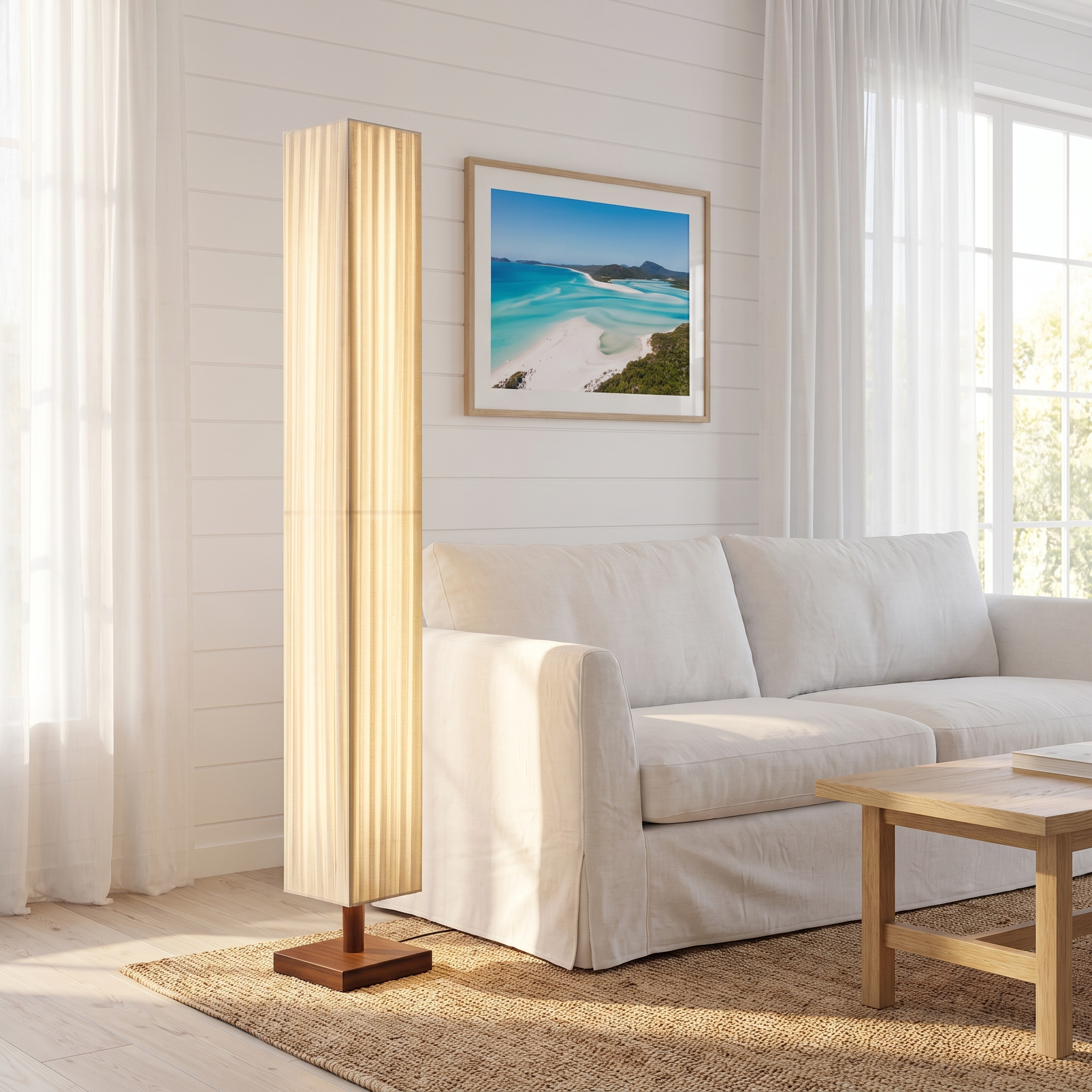 Yuki walnut wood floor lamp with fabric shade in a bright coastal living room
