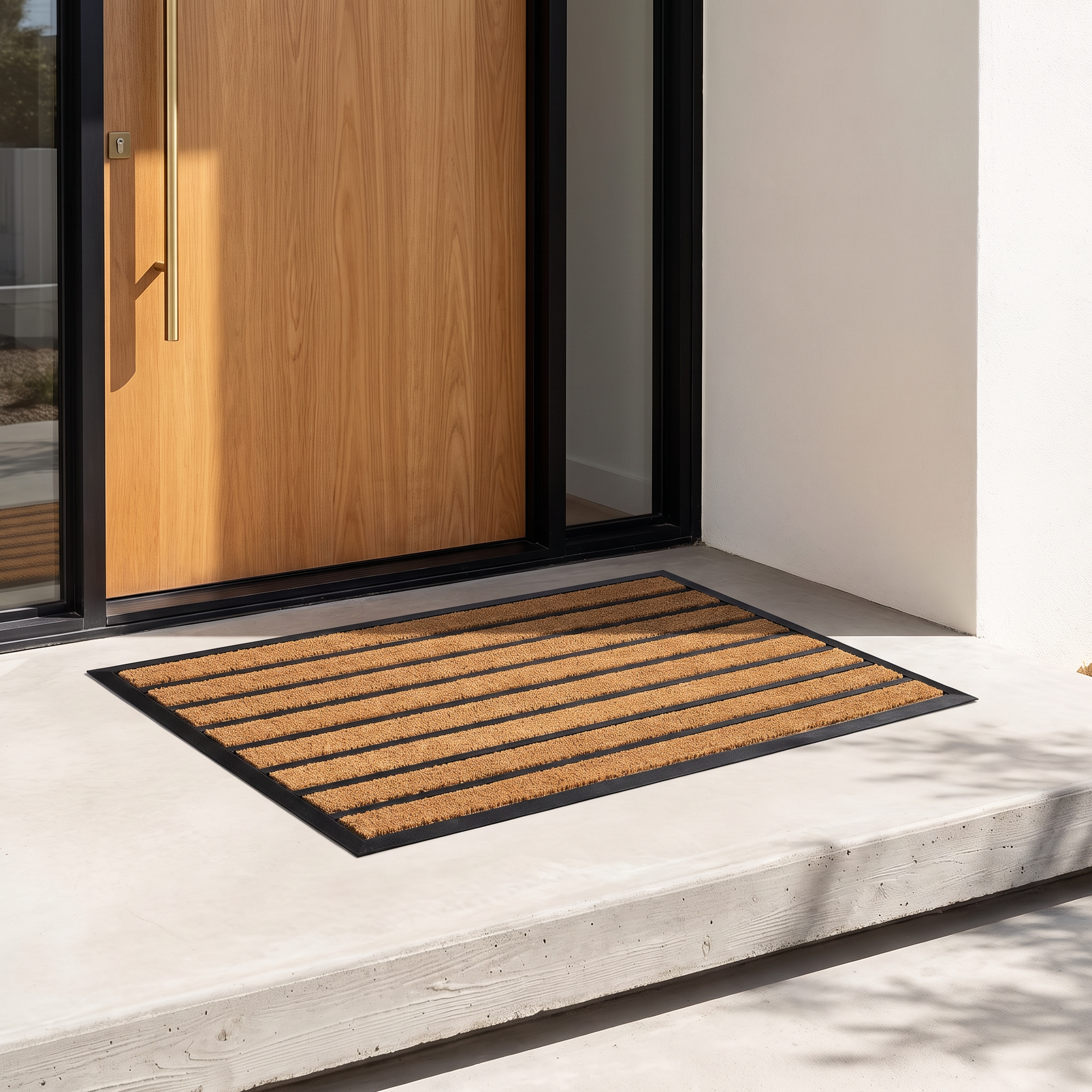 Zara striped doormat on a concrete front porch beside a warm oak pivot front door