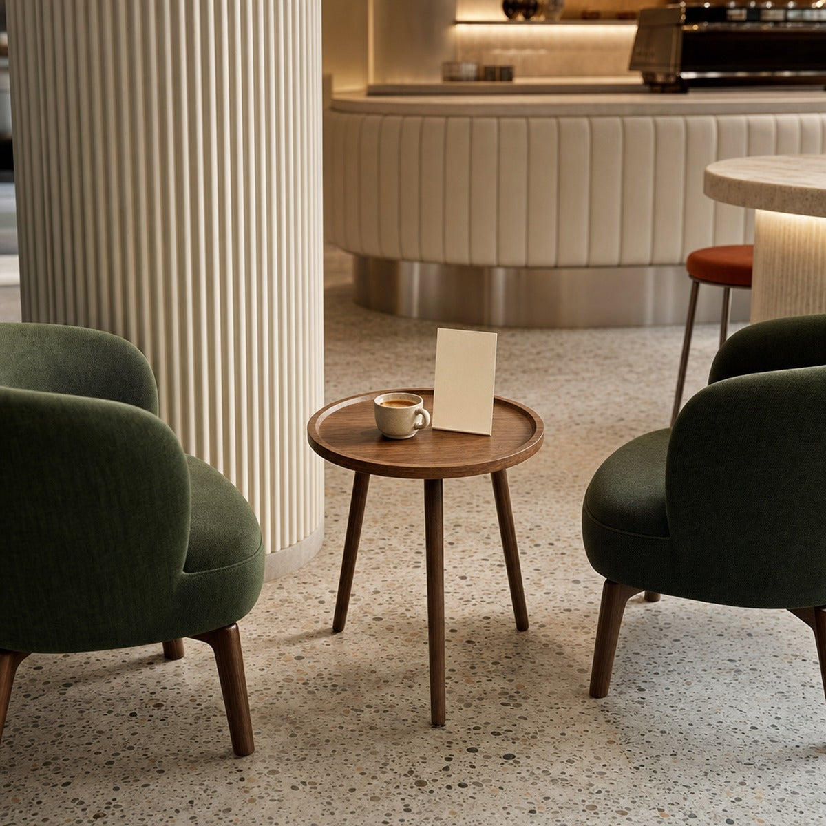 Zeraphia Round Wooden Coffee Table in a cafe setting