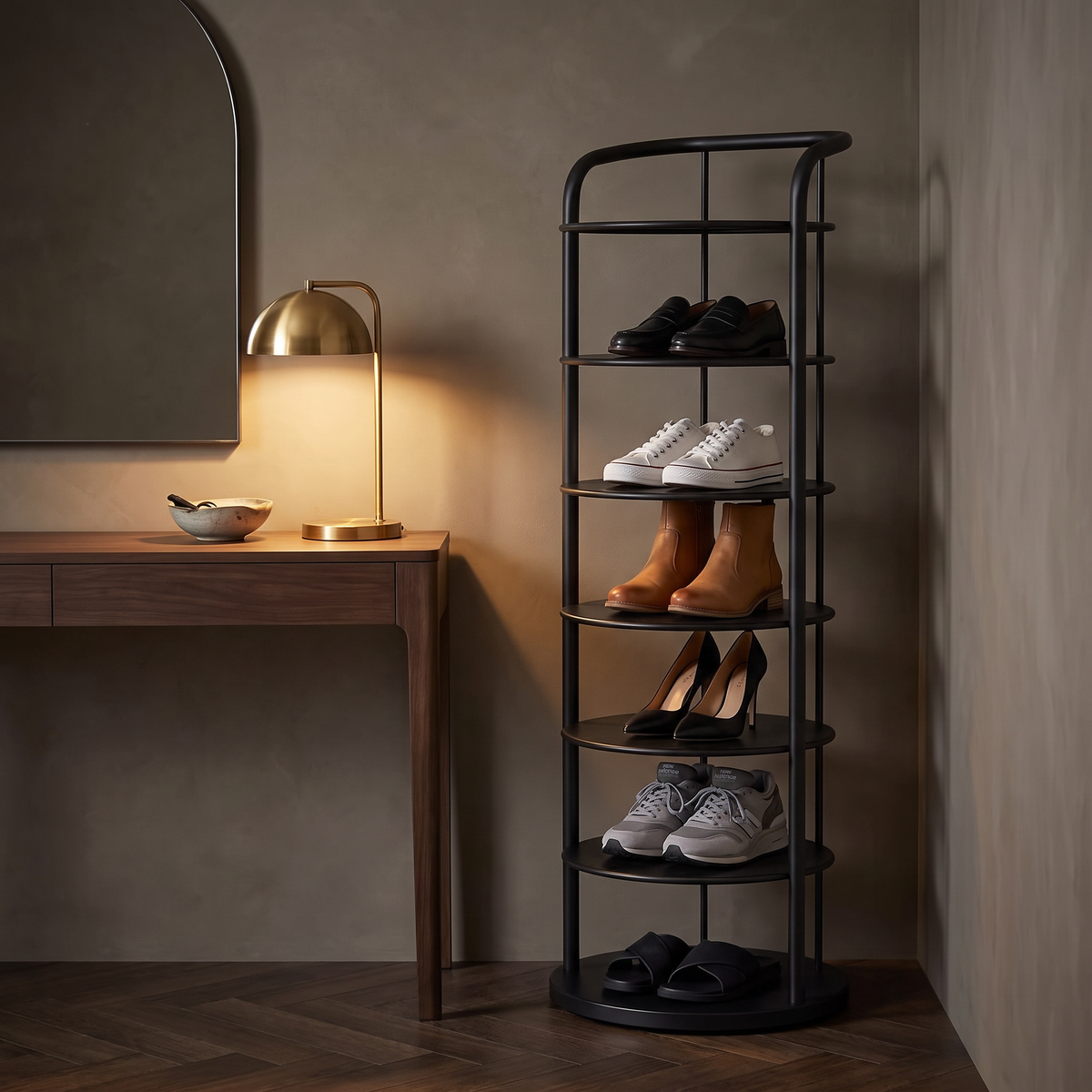 Zoe round shoe rack in black with six tiers beside the front door of a modern home