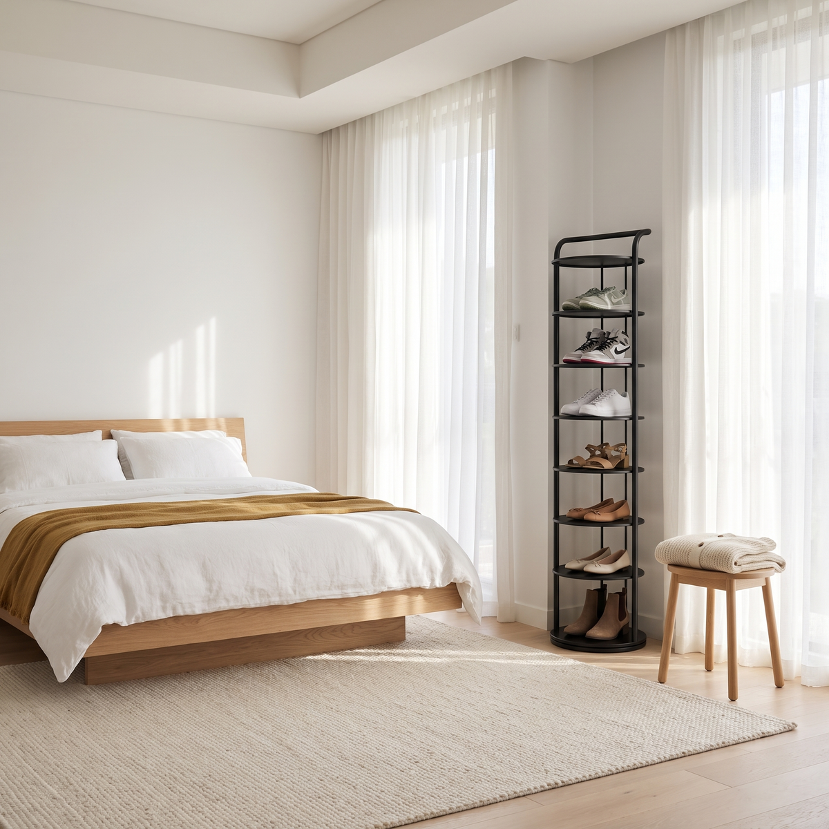 Zoe round shoe rack in black with eight tiers of shoes in the corner of a bedroom