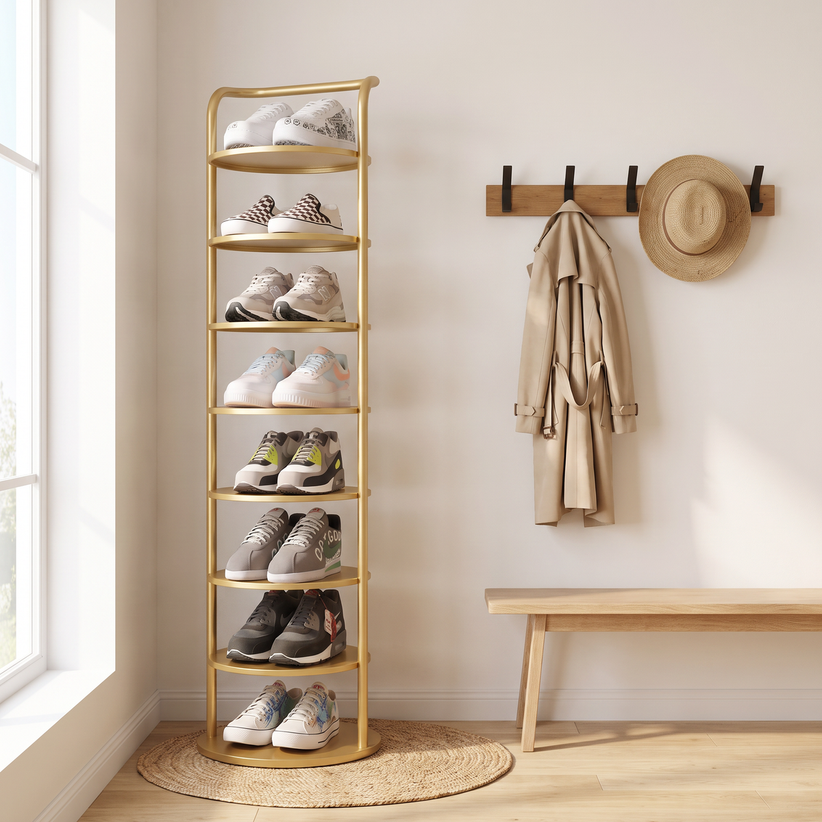 Gold Zoe round shoe rack in an entry nook beside a Berg Nordic coat rack