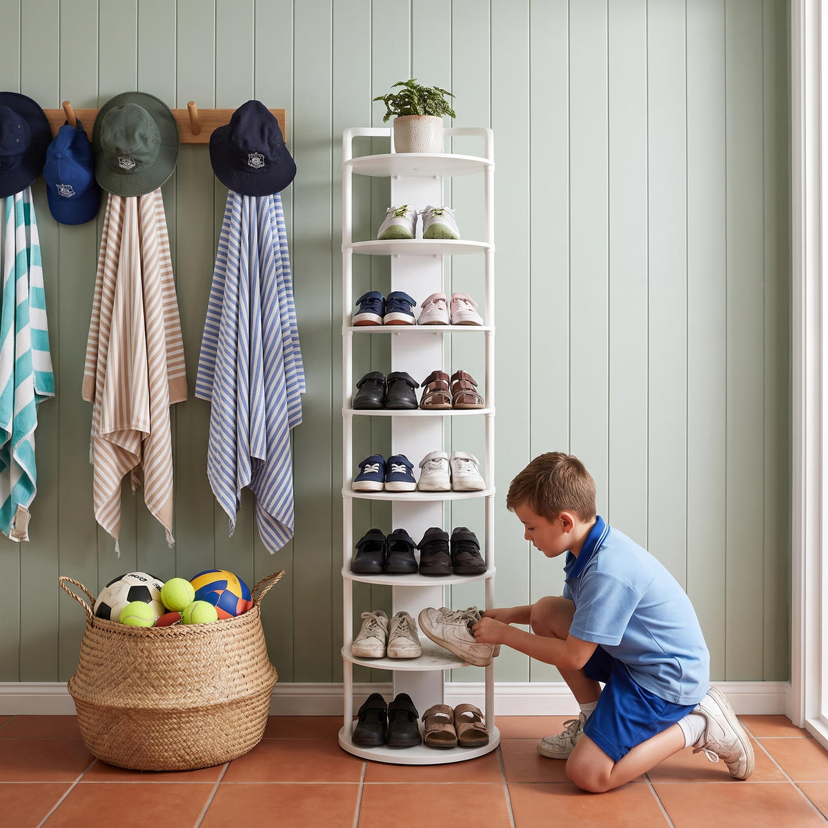 Boy placing shoes on the Zoe round shoe rack in white in a family mudroom