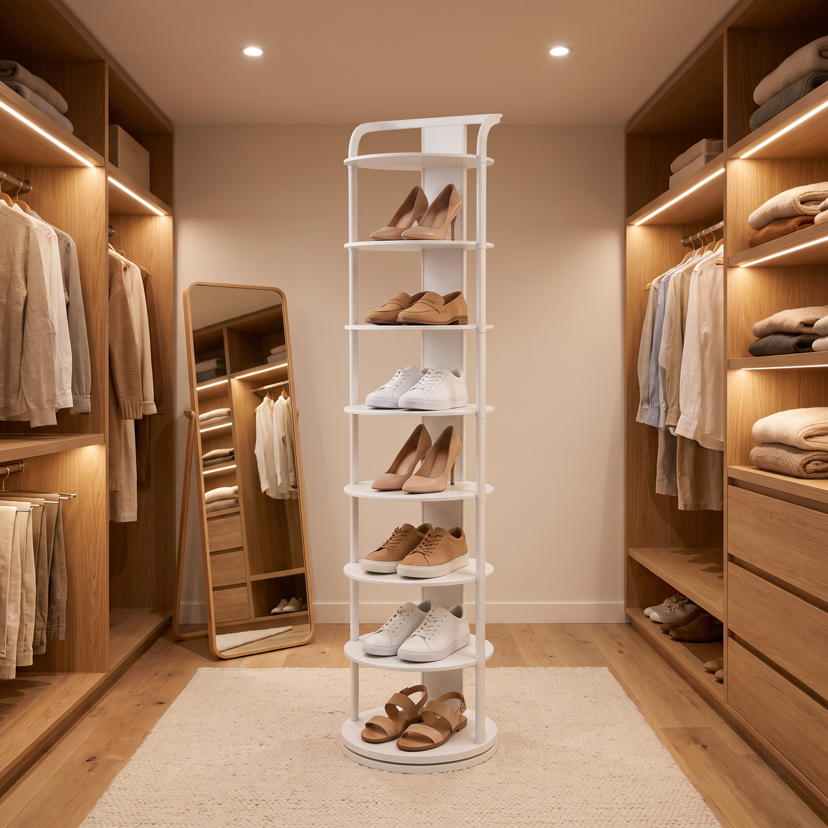 Zoe round shoe rack in white with eight tiers beside shelving in a walk-in robe