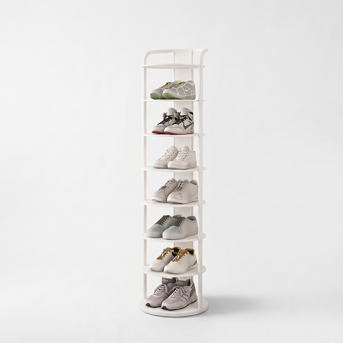Zoe round shoe rack in white with eight tiers of shoes on a white background
