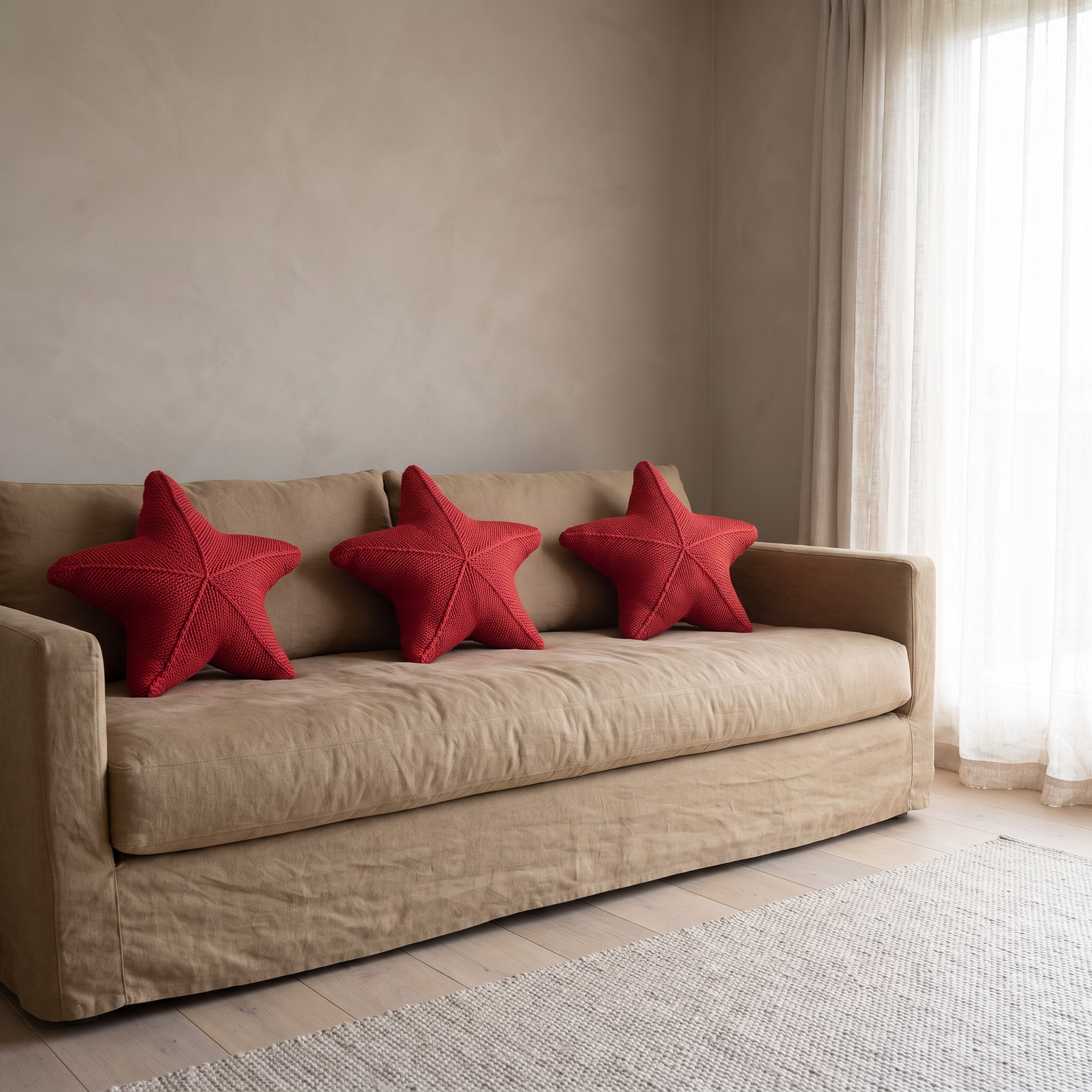 Three matching Zoe starfish cushions in Coral Reef on a sand linen sofa