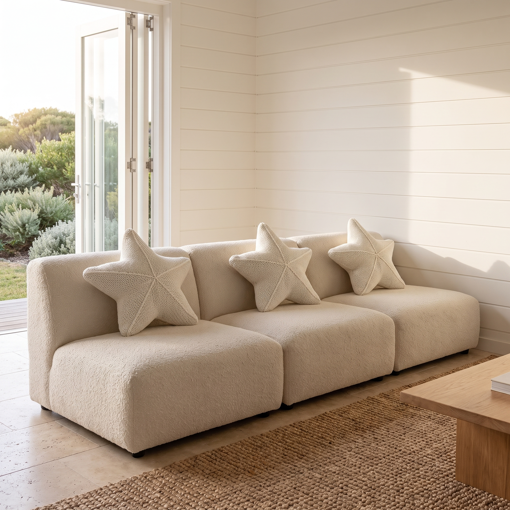 Three matching Zoe starfish cushions in Sea Foam on a cream boucle sofa