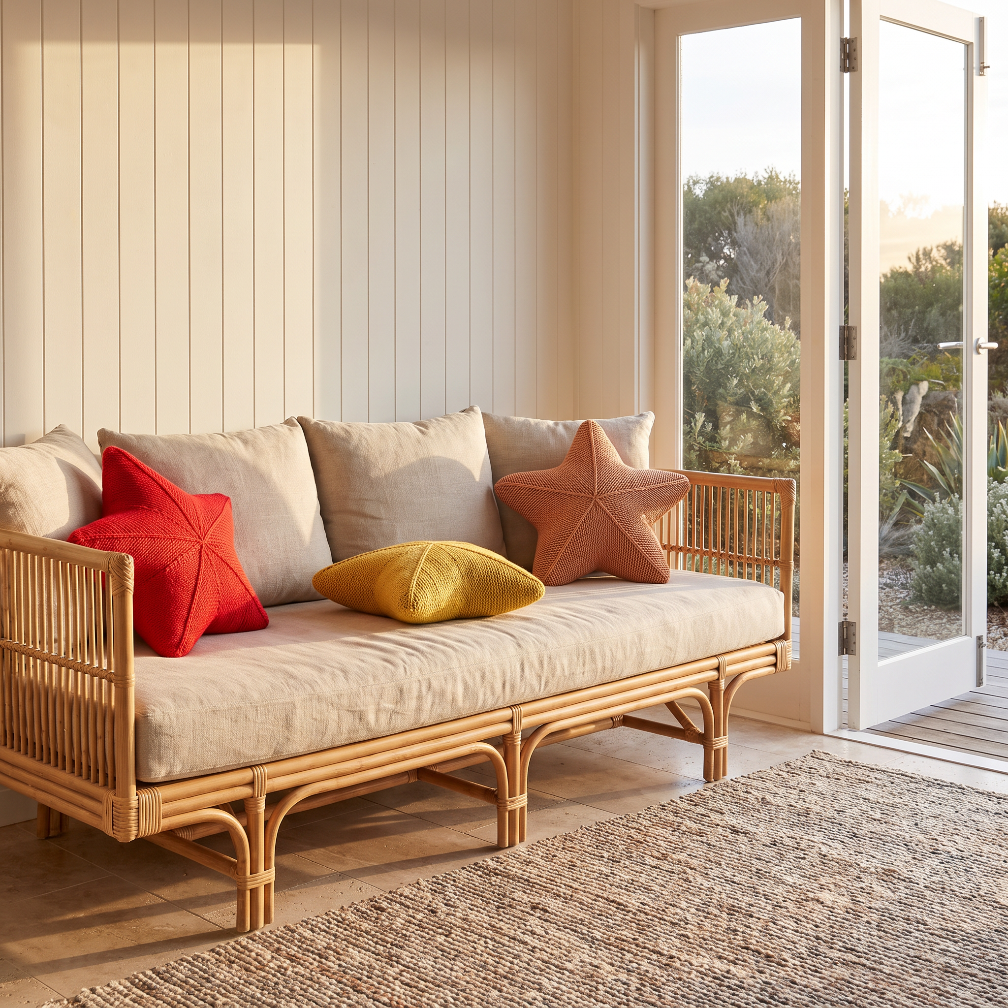 Zoe starfish cushions in Sunset Wave, Golden Shore and Starfish Dream on a rattan daybed
