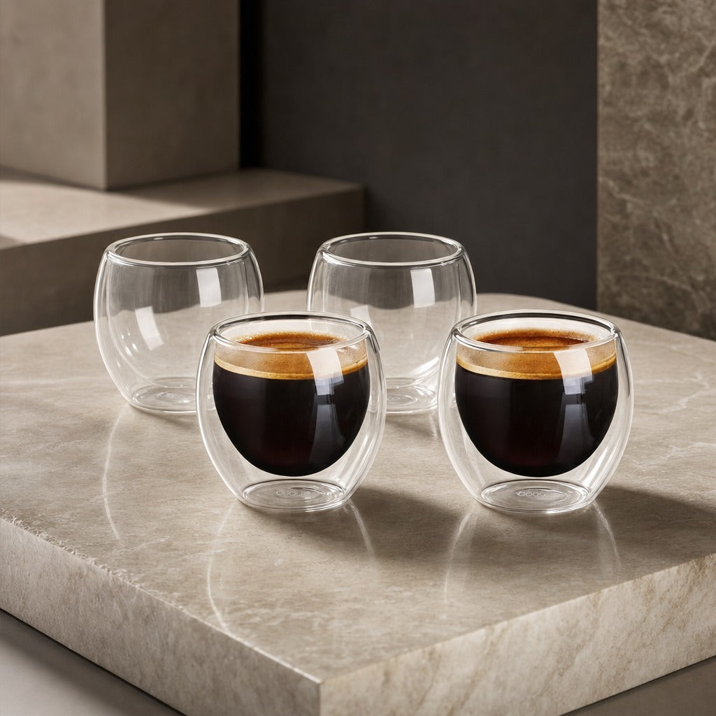 Zorin double-wall glass espresso cups on a pale marble benchtop against a concrete wall