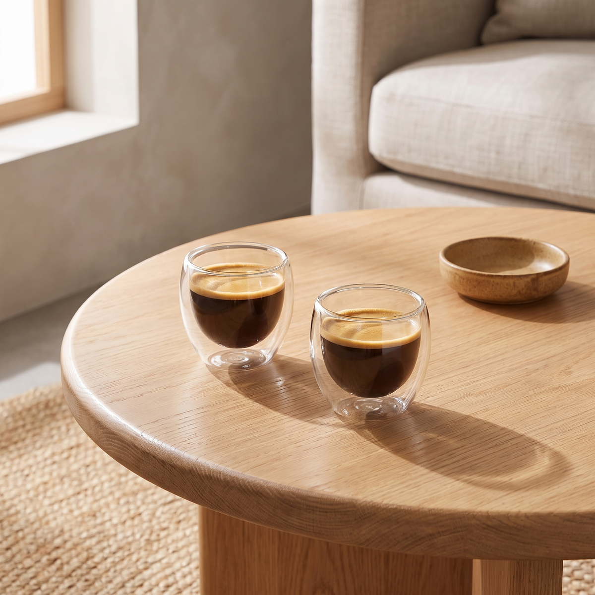 Pair of Zorin double-wall glass espresso cups on a round oak coffee table in a Scandi living room